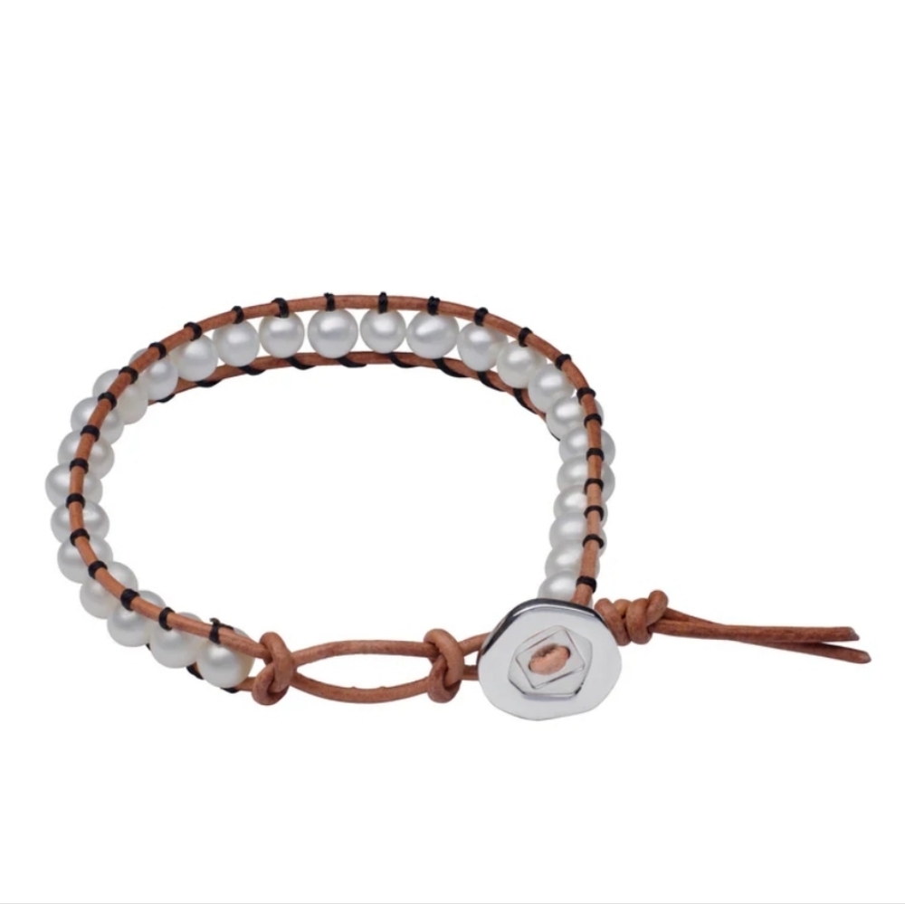 Pearls By Shari Ladder Pearl and Brown Leather Bracelet